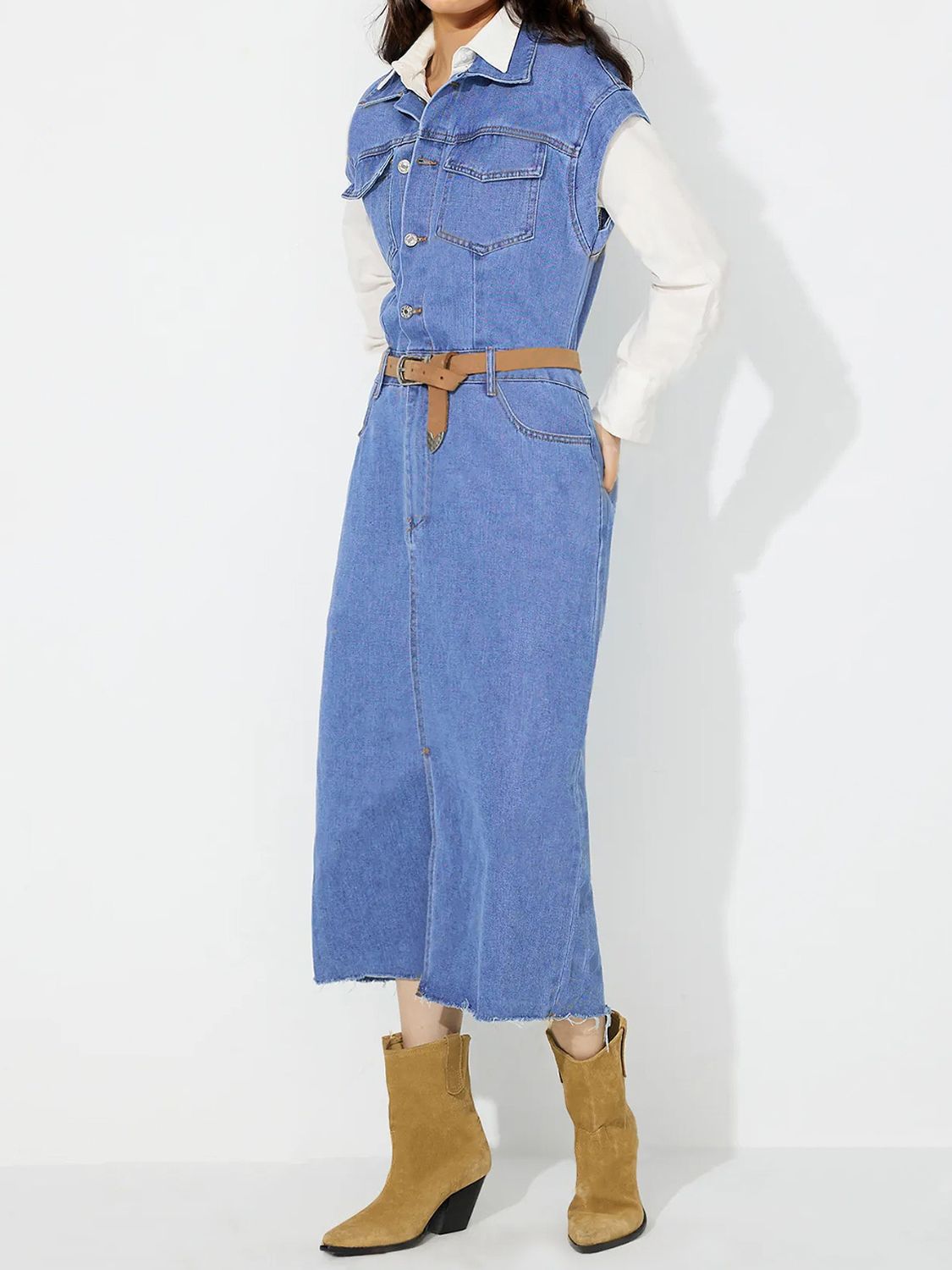 Slit Half Button Collared Neck Cap Sleeve Denim Dress - Little Miss Vanilla