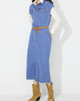 Slit Half Button Collared Neck Cap Sleeve Denim Dress - Little Miss Vanilla