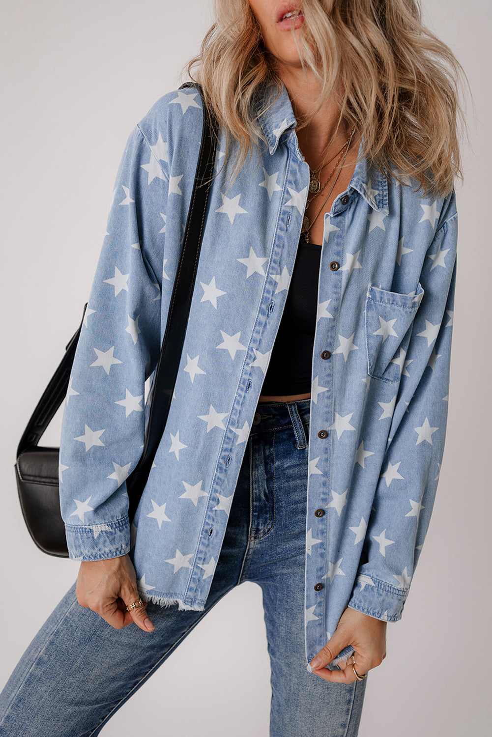 Sky Blue Star Print Light Wash Raw Hem Denim Jacket - Little Miss Vanilla