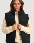 Black Corduroy Stand Neck Zipped Puffer Vest