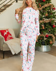 White Christmas Pattern Long Sleeve Top and Wide Leg Pants Set - Little Miss Vanilla