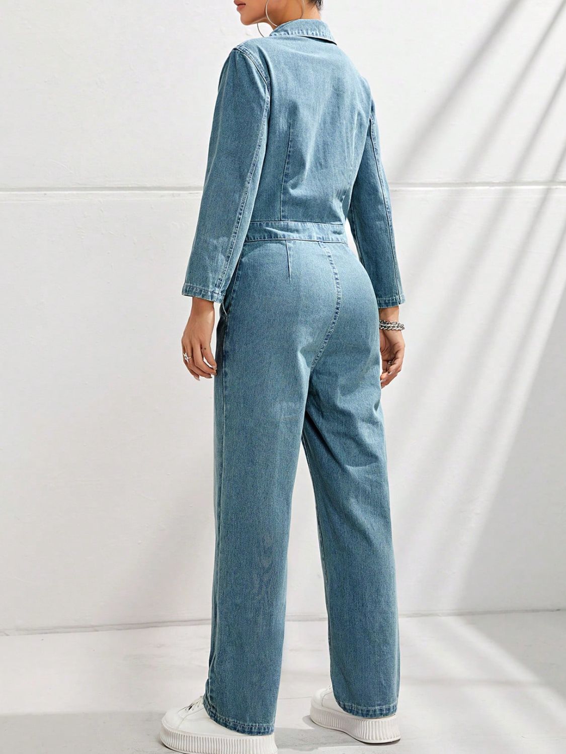 Half Button Long Sleeve Straight Leg Denim Jumpsuit - Little Miss Vanilla