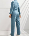 Half Button Long Sleeve Straight Leg Denim Jumpsuit - Little Miss Vanilla