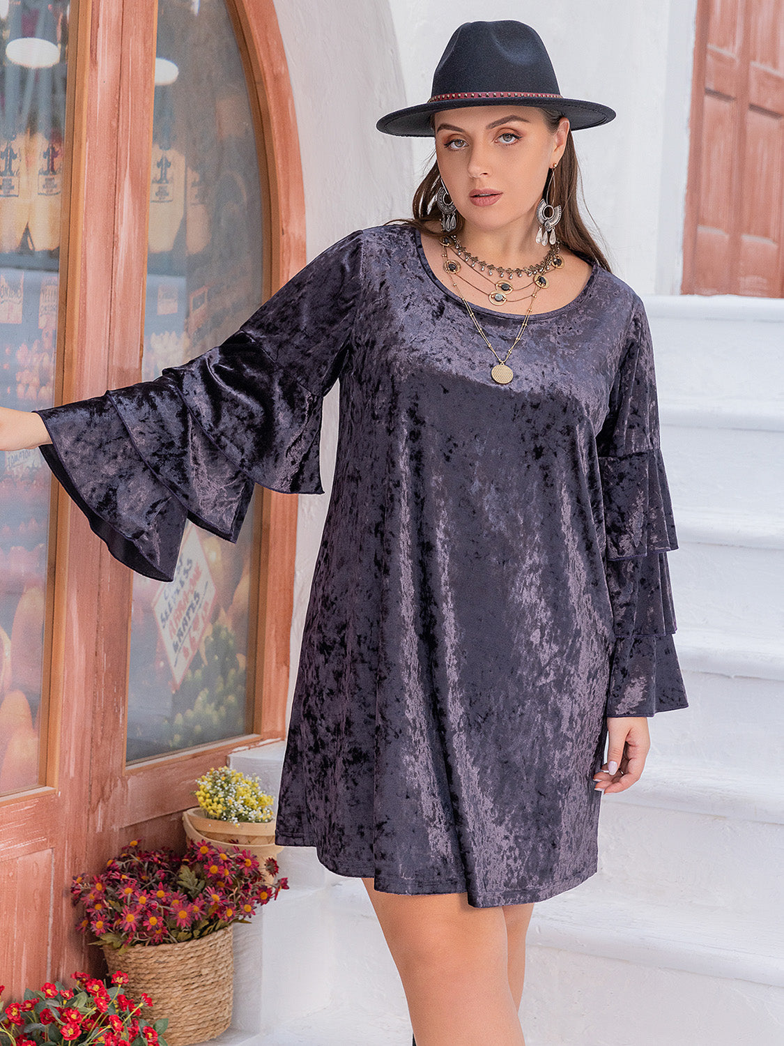 Plus Size Round Neck Flounce Sleeve Mini Dress - Little Miss Vanilla