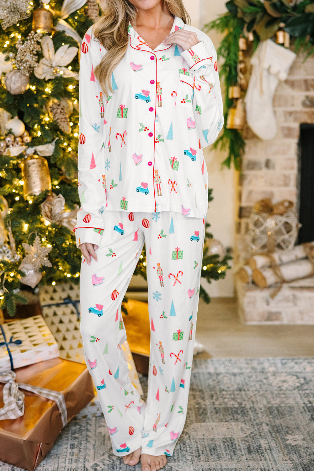 White Christmas Print Lapel Shirt and Pants Sleepwear - Little Miss Vanilla