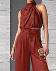 Summer Suits Casual Sleeveless Midriff-baring Top And Wide Leg Pants 2pcs Set Womens Clothing