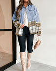 Khaki Plaid Patchwork Buttoned Oversized Denim Jacket