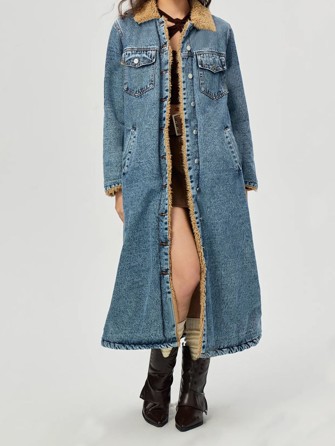 Pocketed Button Up Denim Jacket with Fur Lining - Little Miss Vanilla