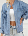 Drawstring Snap Down Denim Jacket with Chest Pockets - Little Miss Vanilla