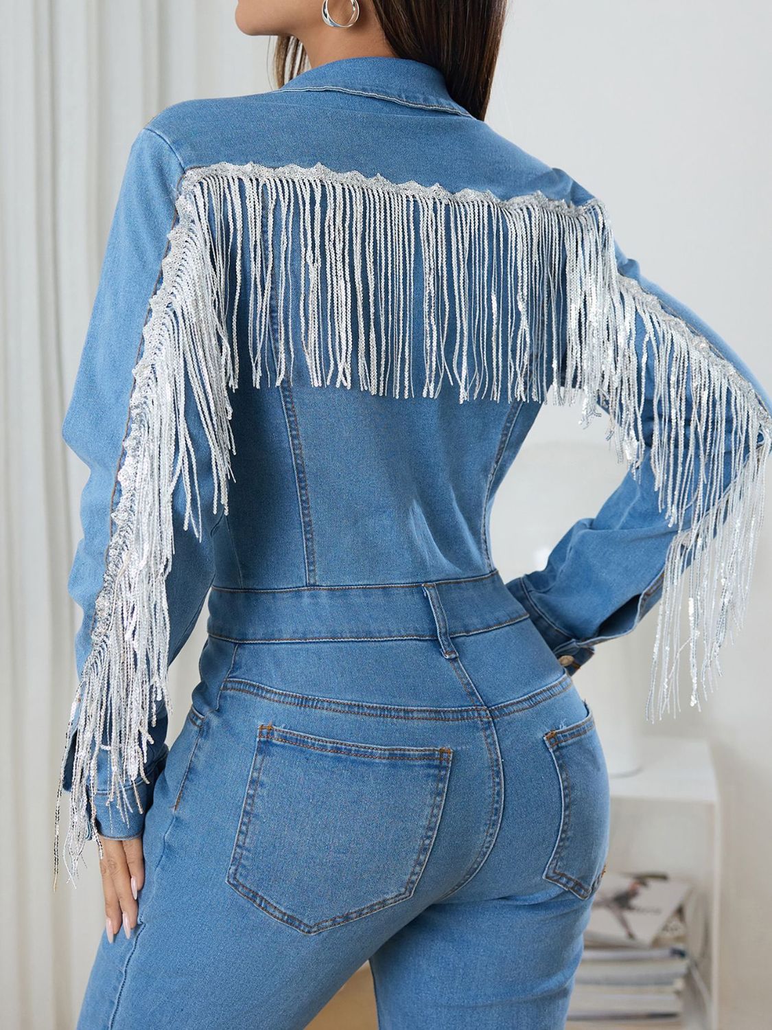 Fringe Half Button Long Sleeve Denim Jumpsuit - Little Miss Vanilla