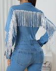 Fringe Half Button Long Sleeve Denim Jumpsuit - Little Miss Vanilla