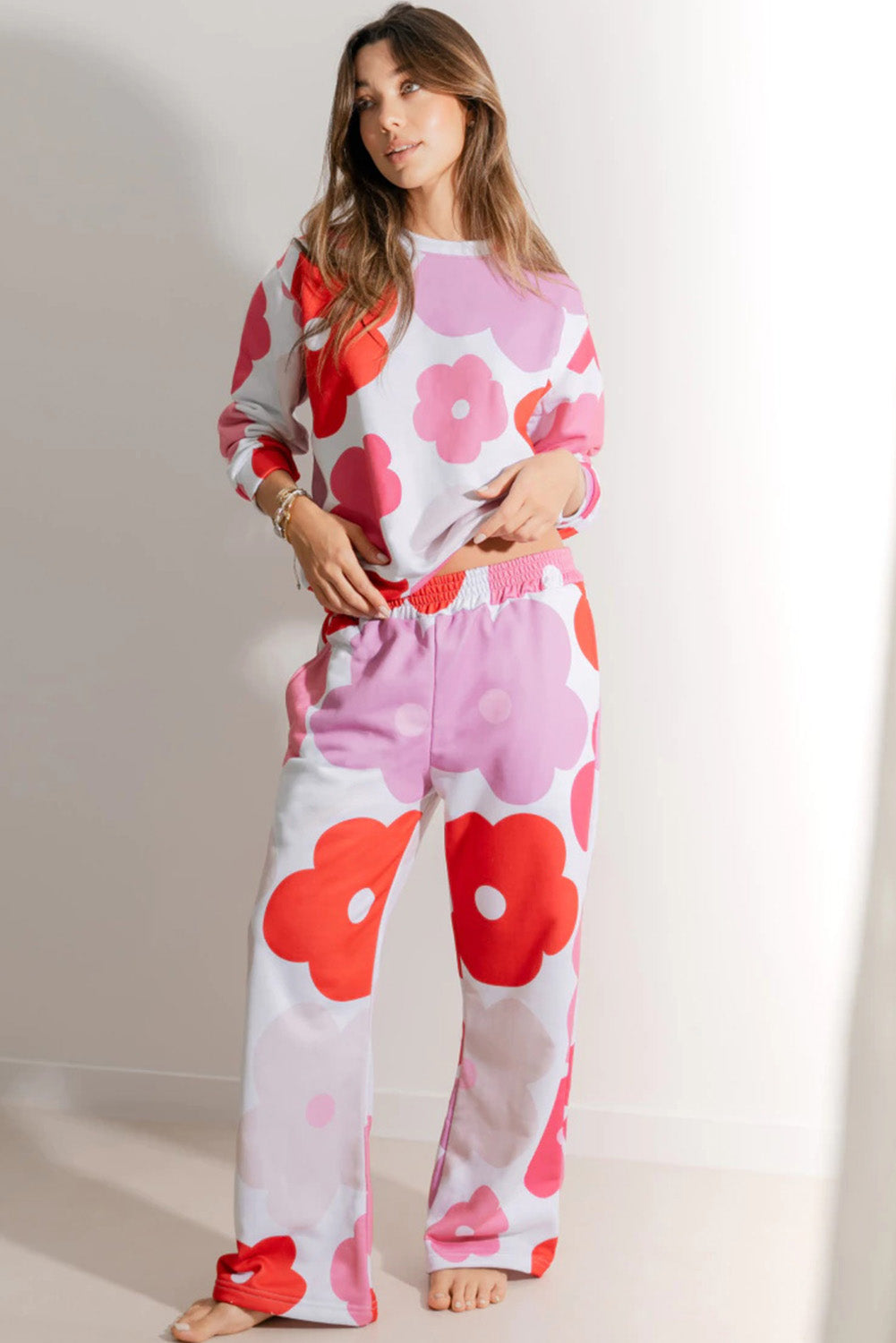 White Floral Print Pullover Top Sweatpants Lounge Set - Little Miss Vanilla