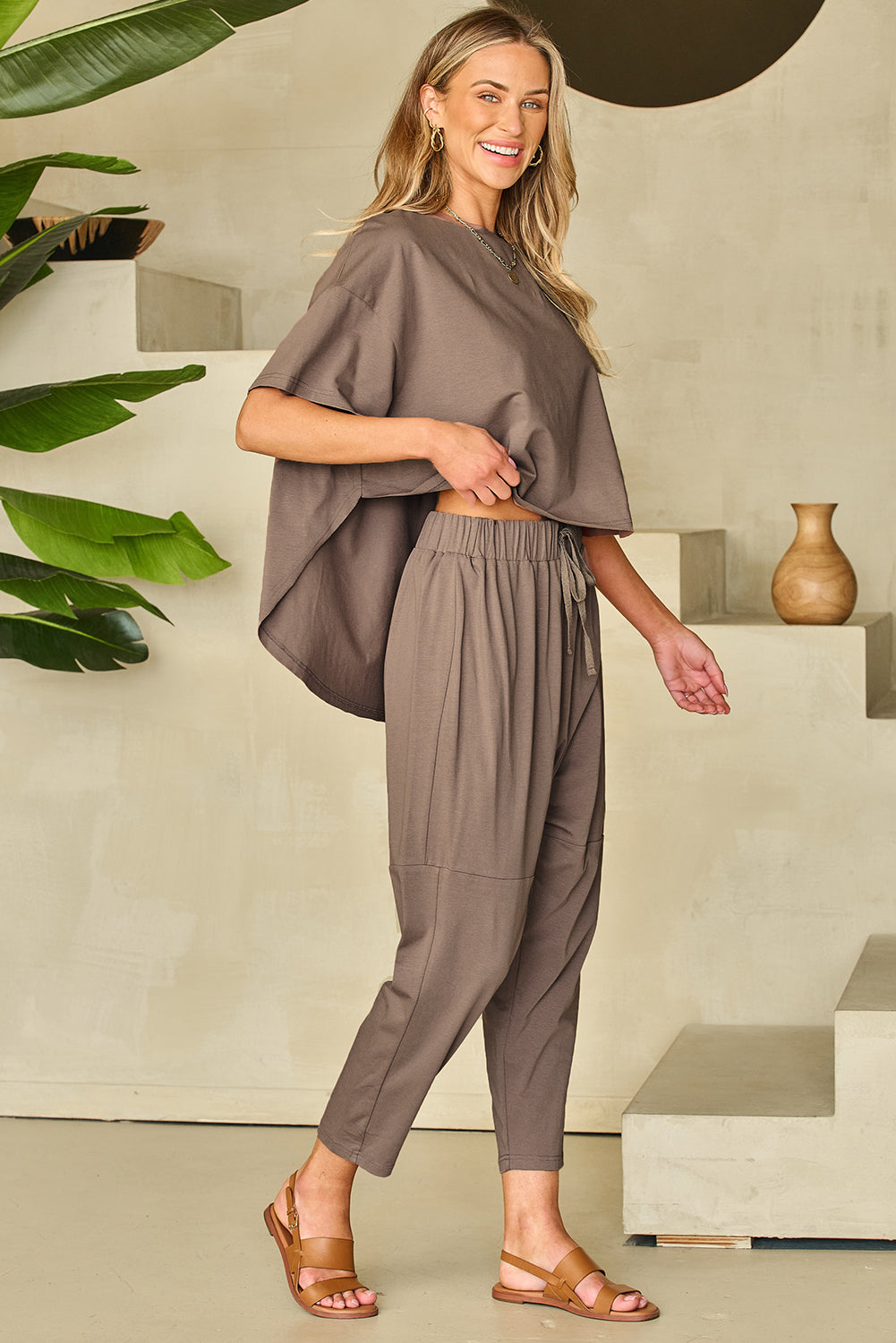 Simply Taupe High Low Boxy Fit Tee and Crop Pants Set - Little Miss Vanilla