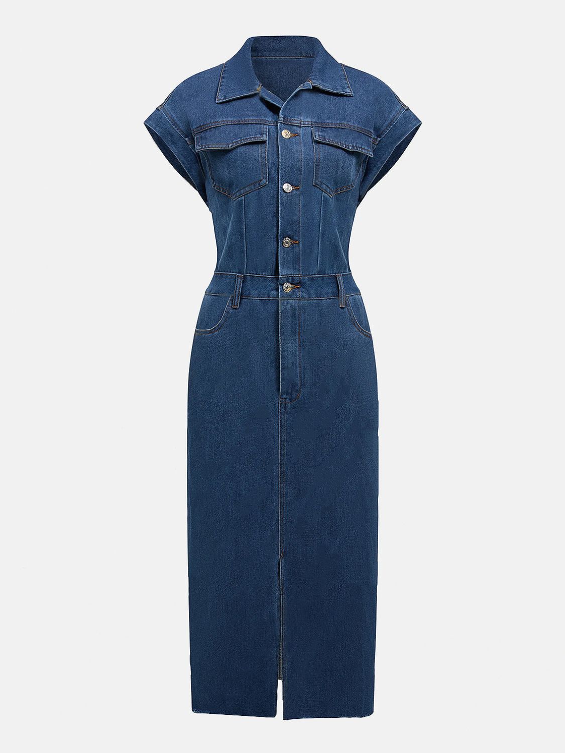 Slit Half Button Collared Neck Cap Sleeve Denim Dress - Little Miss Vanilla