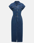 Slit Half Button Collared Neck Cap Sleeve Denim Dress - Little Miss Vanilla