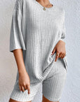 Gray Plain Ribbed Loose Fit Two Piece Lounge Set - Little Miss Vanilla