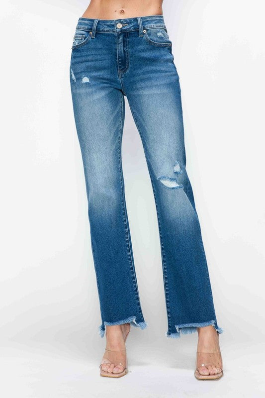 bytos Full Size Raw Hem Distressed Mid Rise Straight Jeans - Little Miss Vanilla