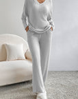 Light Grey Ribbed Knit V Neck Slouchy Two-piece Outfit - Little Miss Vanilla