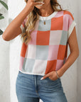 Mandy Checkered Round Neck Cap Sleeve Knit Top - Little Miss Vanilla