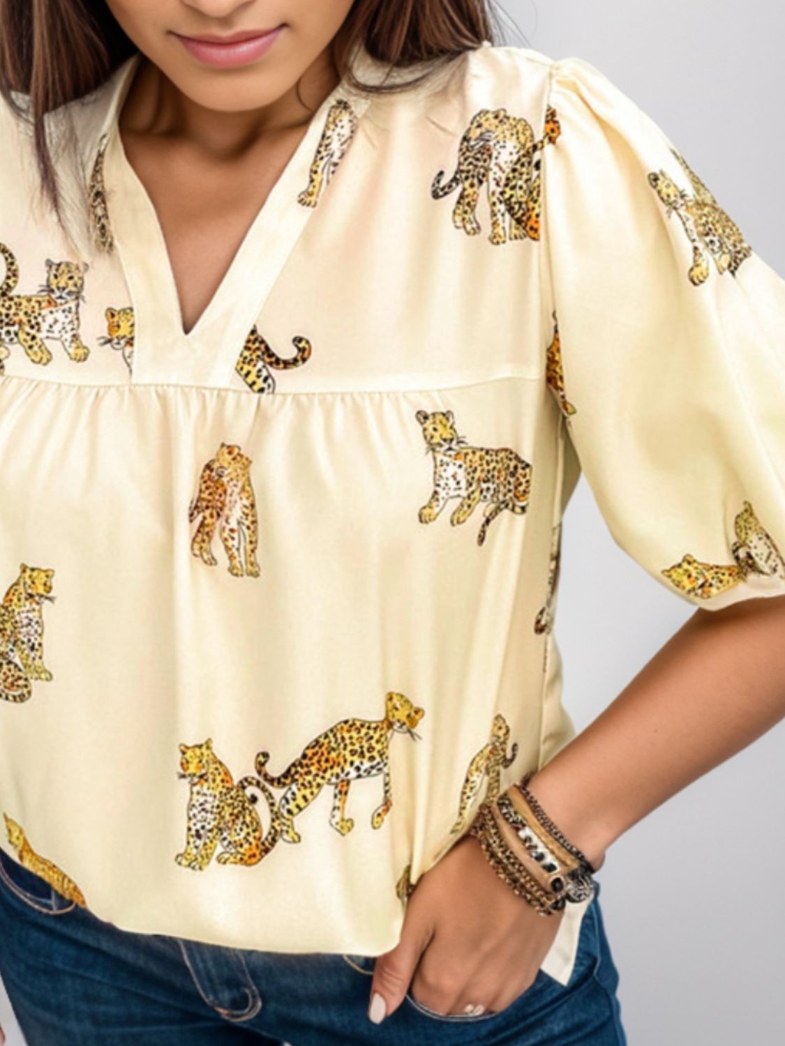 Plus Size Tiger Printed Notched Blouse - Little Miss Vanilla