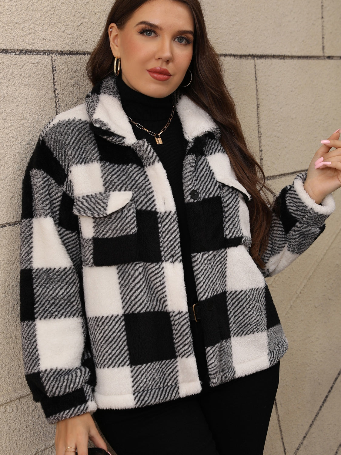 Plus Size Pocketed Plaid Collared Neck Jacket - Little Miss Vanilla