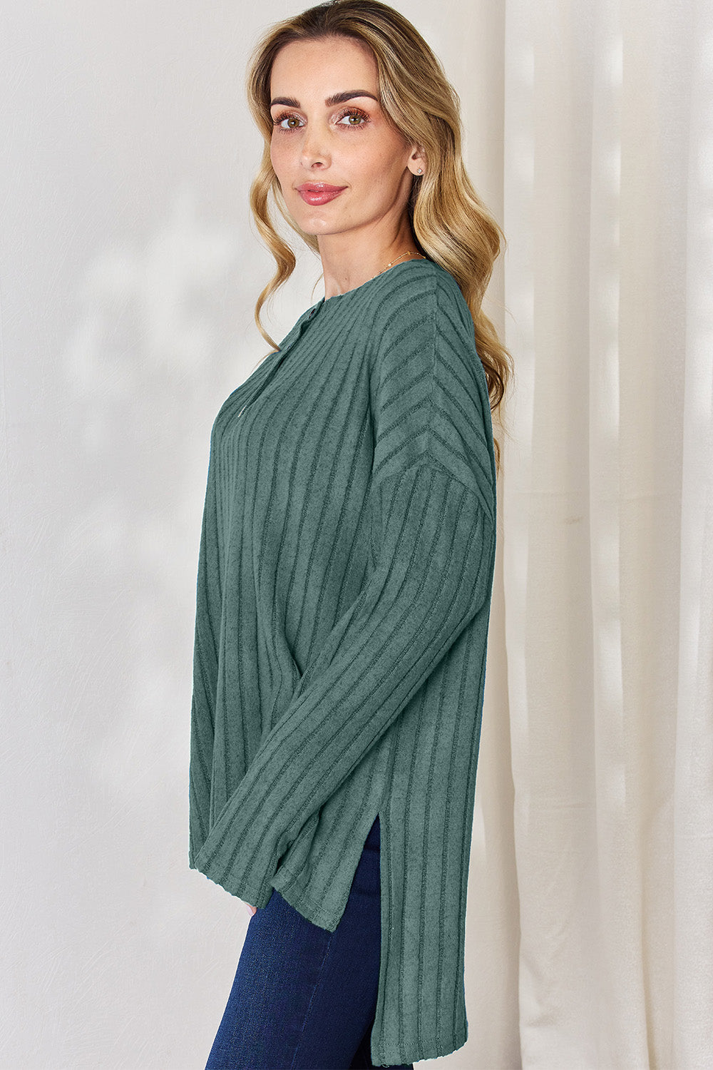 Basic Bae Full Size Ribbed Half Button Long Sleeve High-Low T-Shirt - Little Miss Vanilla