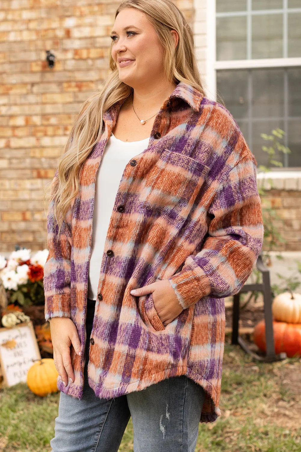 Plus Size Plaid Collared Neck Long Sleeve Jacket - Little Miss Vanilla