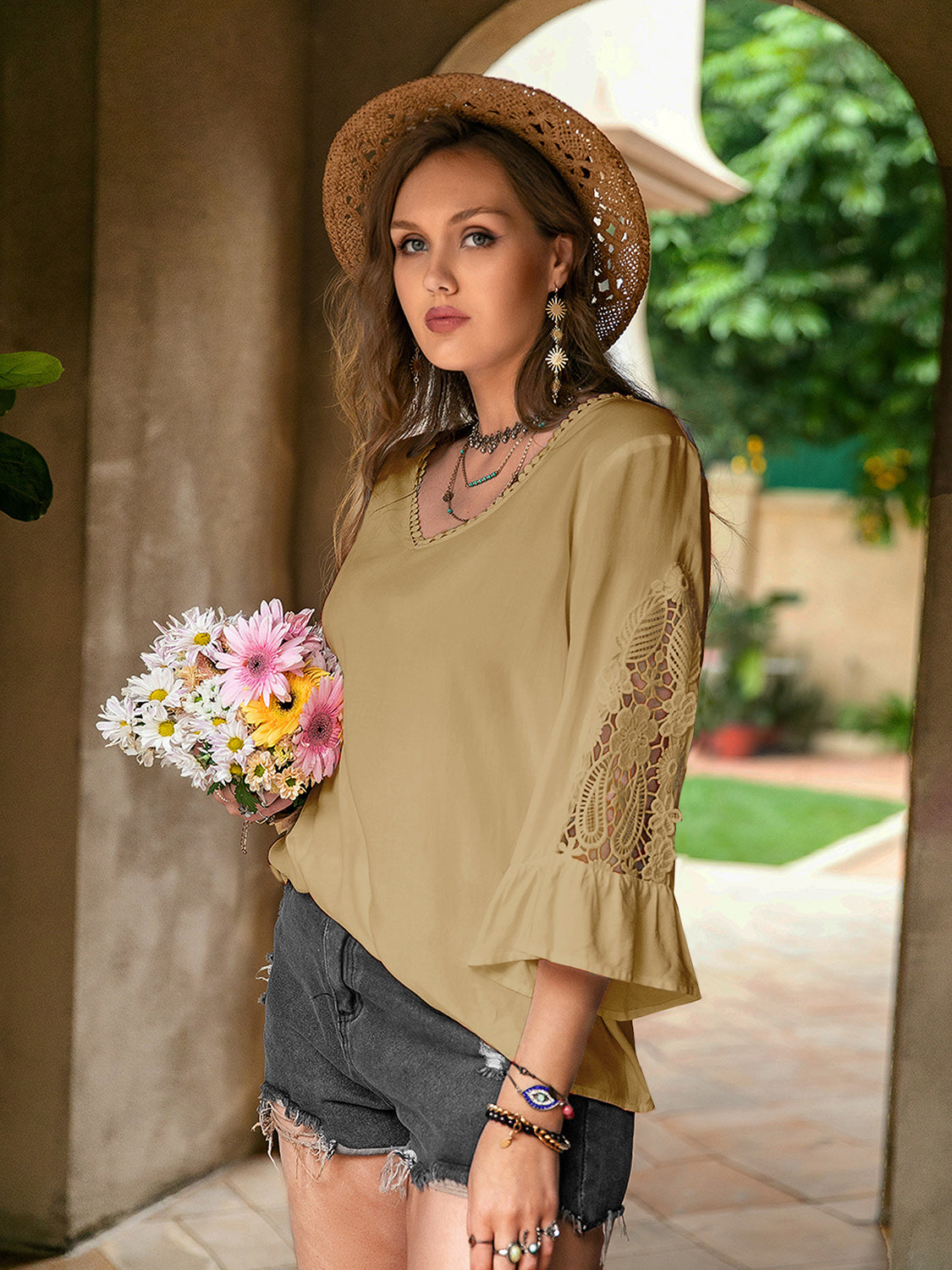 Plus Size Lace Detail V-Neck Flounce Sleeve Blouse - Little Miss Vanilla