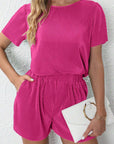 Bright Pink Casual Pleated Short Two-piece Set