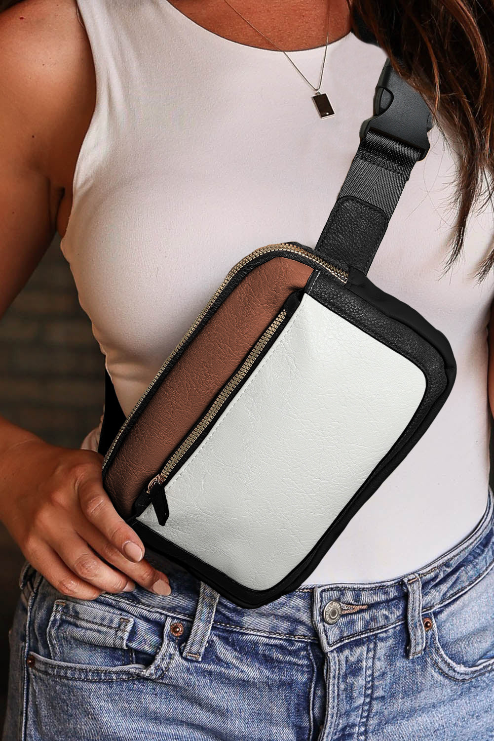 White Leather Colorblock Zipped Removable Clip Crossbody Bag - Little Miss Vanilla