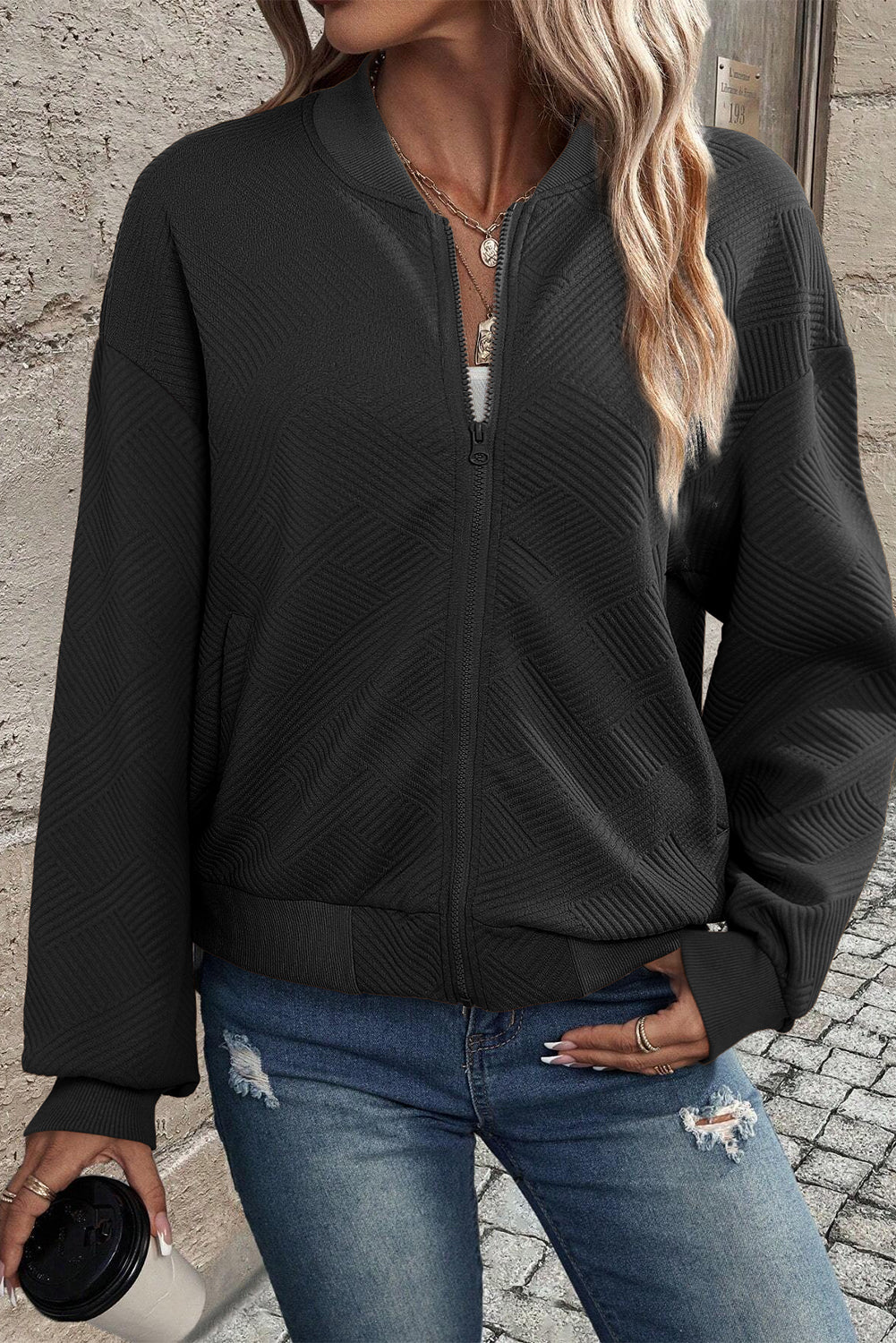 Black Solid Textured Stand Neck Zipper Bomber Jacket - Little Miss Vanilla