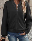 Black Solid Textured Stand Neck Zipper Bomber Jacket - Little Miss Vanilla