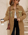 Khaki Contrast Flap Pocket Single Breasted Teddy Coat