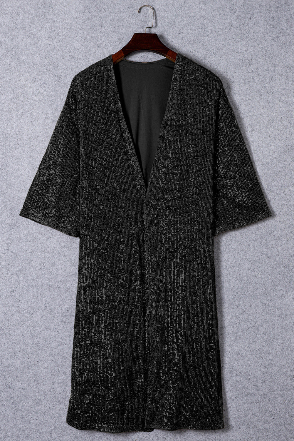 Black Sequin 3/4 Sleeve Open Front Duster Kimono - Little Miss Vanilla