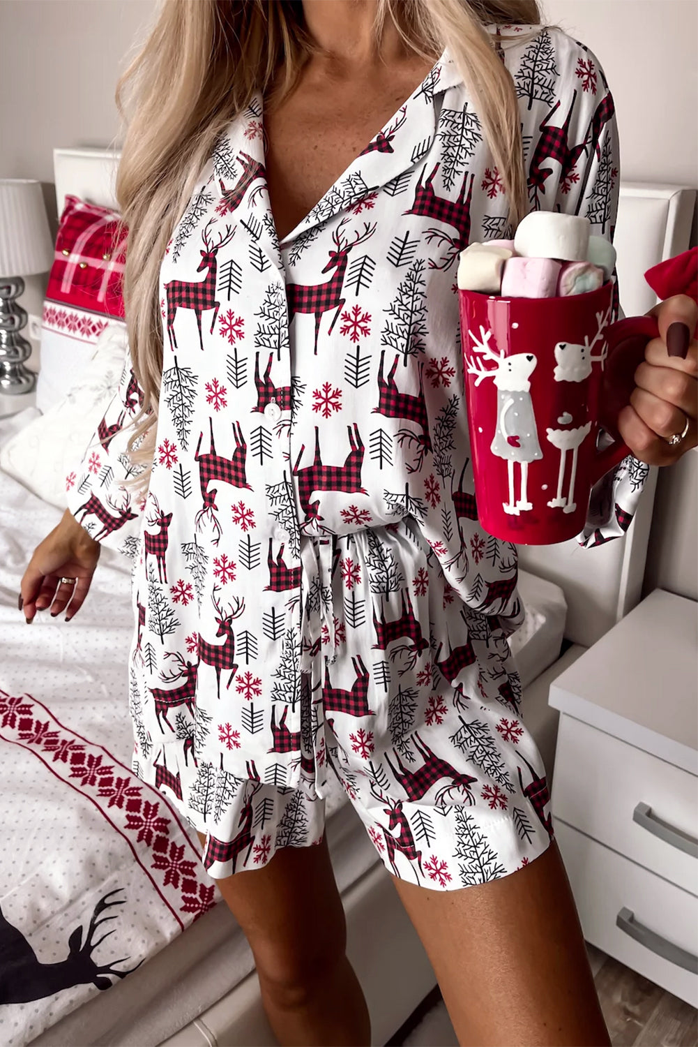 White Christmas Deer Printed Shirt and Shorts Lounge Set - Little Miss Vanilla