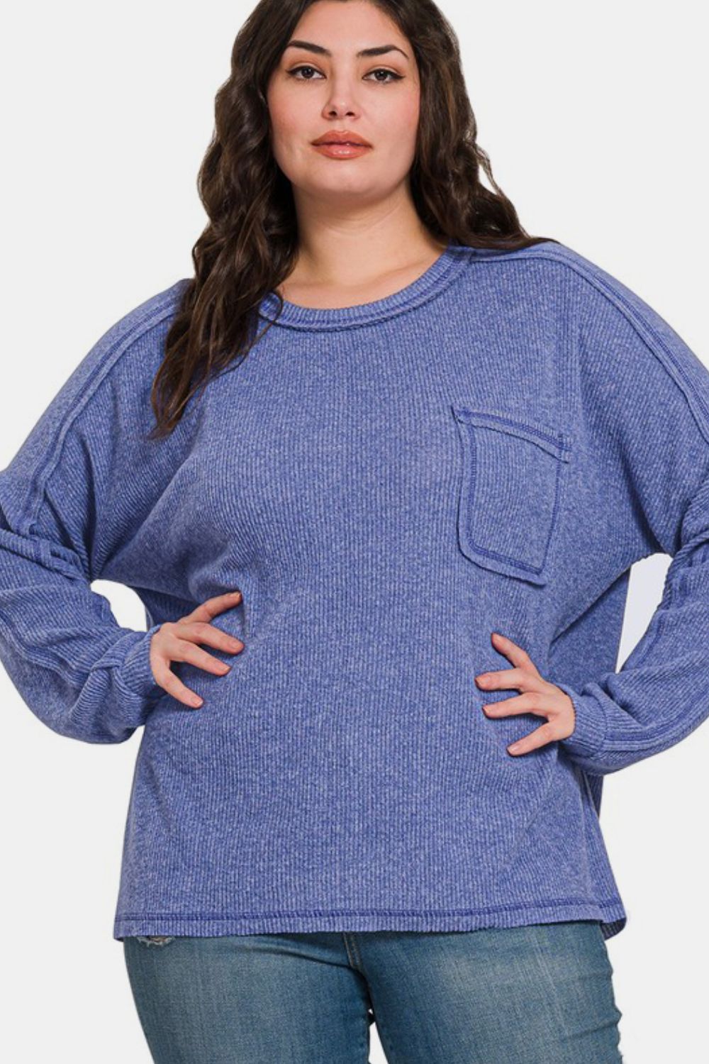 Zenana Full Size Contrast Stitching Brushed Ribbed Hacci Knit Top - Little Miss Vanilla