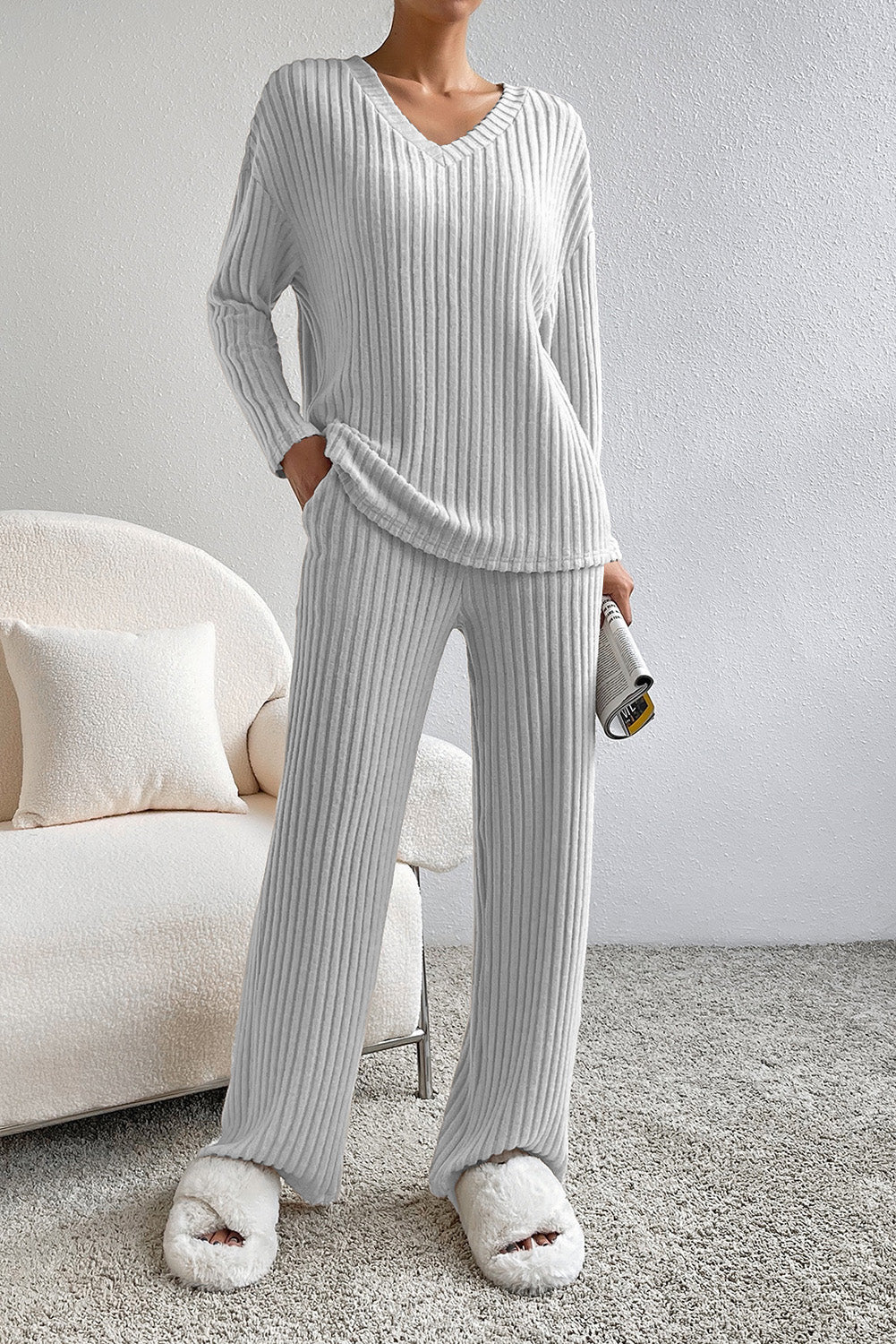 Light Grey Ribbed Knit V Neck Slouchy Two-piece Outfit - Little Miss Vanilla