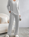 Light Grey Ribbed Knit V Neck Slouchy Two-piece Outfit - Little Miss Vanilla