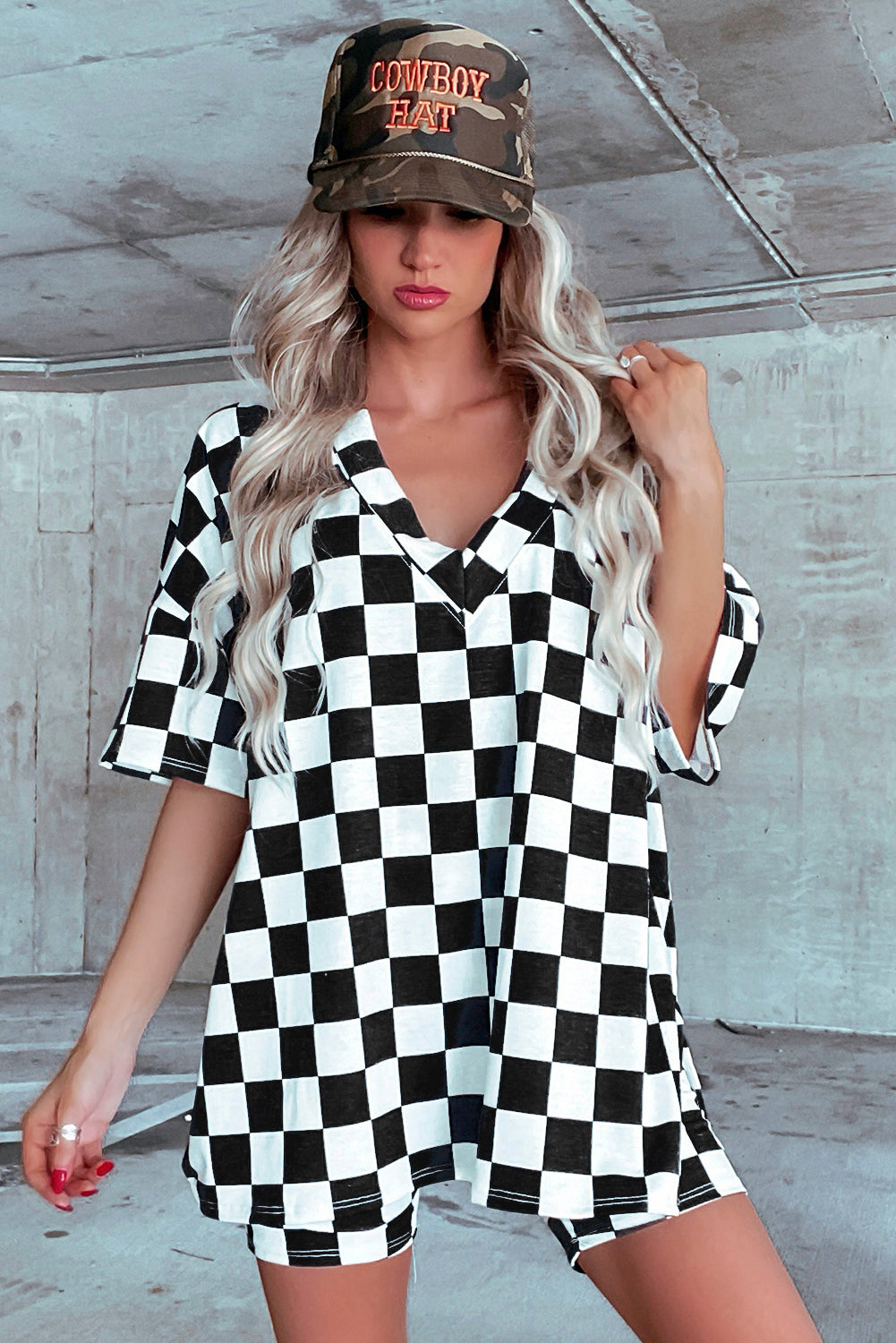 Black Checkerboard Print V Neck Loose Tee and Shorts Lounge Set - Little Miss Vanilla