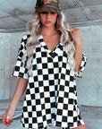 Black Checkerboard Print V Neck Loose Tee and Shorts Lounge Set - Little Miss Vanilla