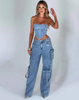 Women's Suit Low Waist Three-dimensional Tube Top And Pocket Stitching Jeans Pants