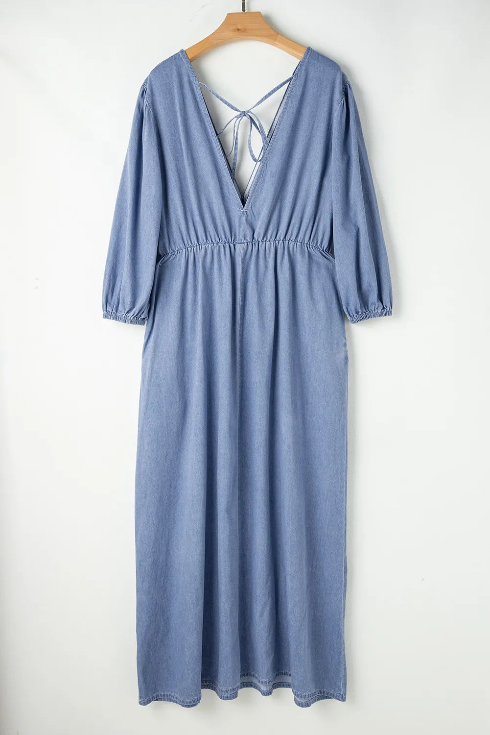 Tied Plunge Three-Quarter Sleeve Denim Dress - Little Miss Vanilla