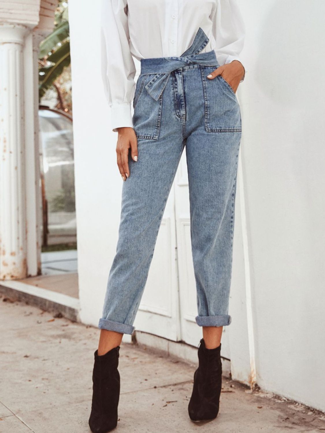 Tied Straight Leg Jeans with Pockets - Little Miss Vanilla