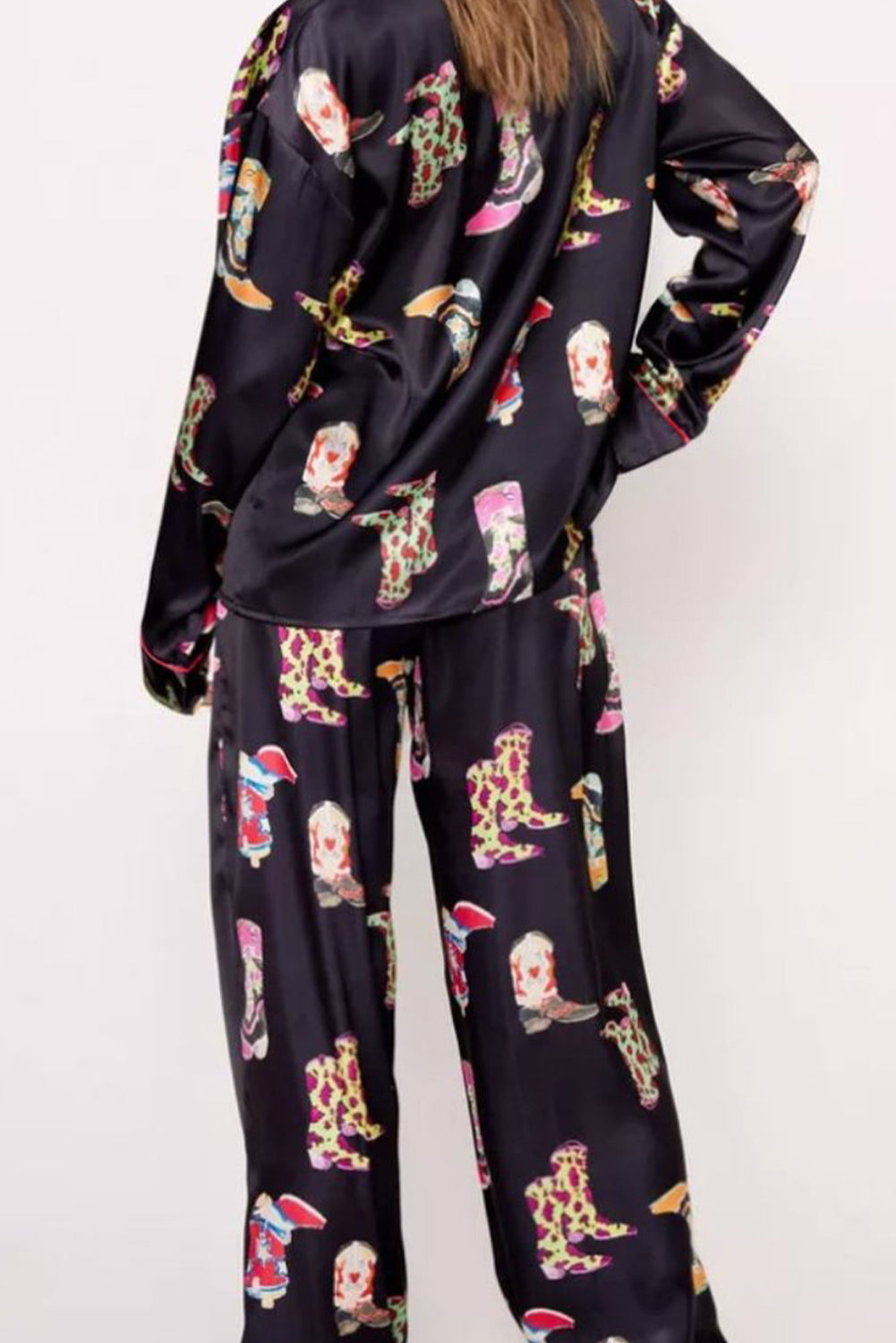 Black Western Cowgirl Boots Printed Satin Long Pajama Set - Little Miss Vanilla