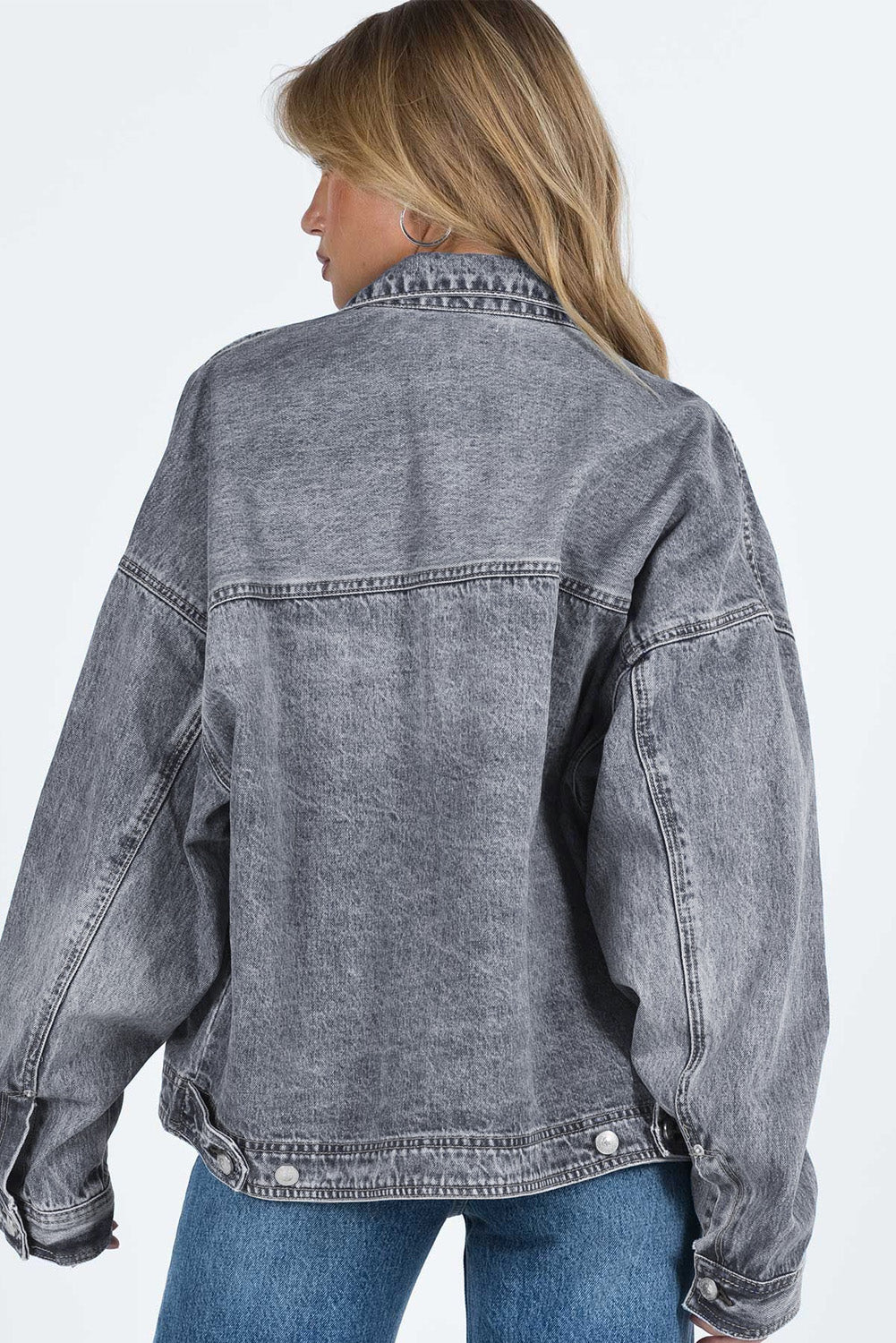 Gray Chest Pockets Drop Shoulder Loose Denim Jacket - Little Miss Vanilla