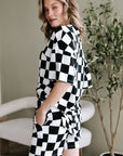 Black Checkerboard Print V Neck Loose Tee and Shorts Lounge Set