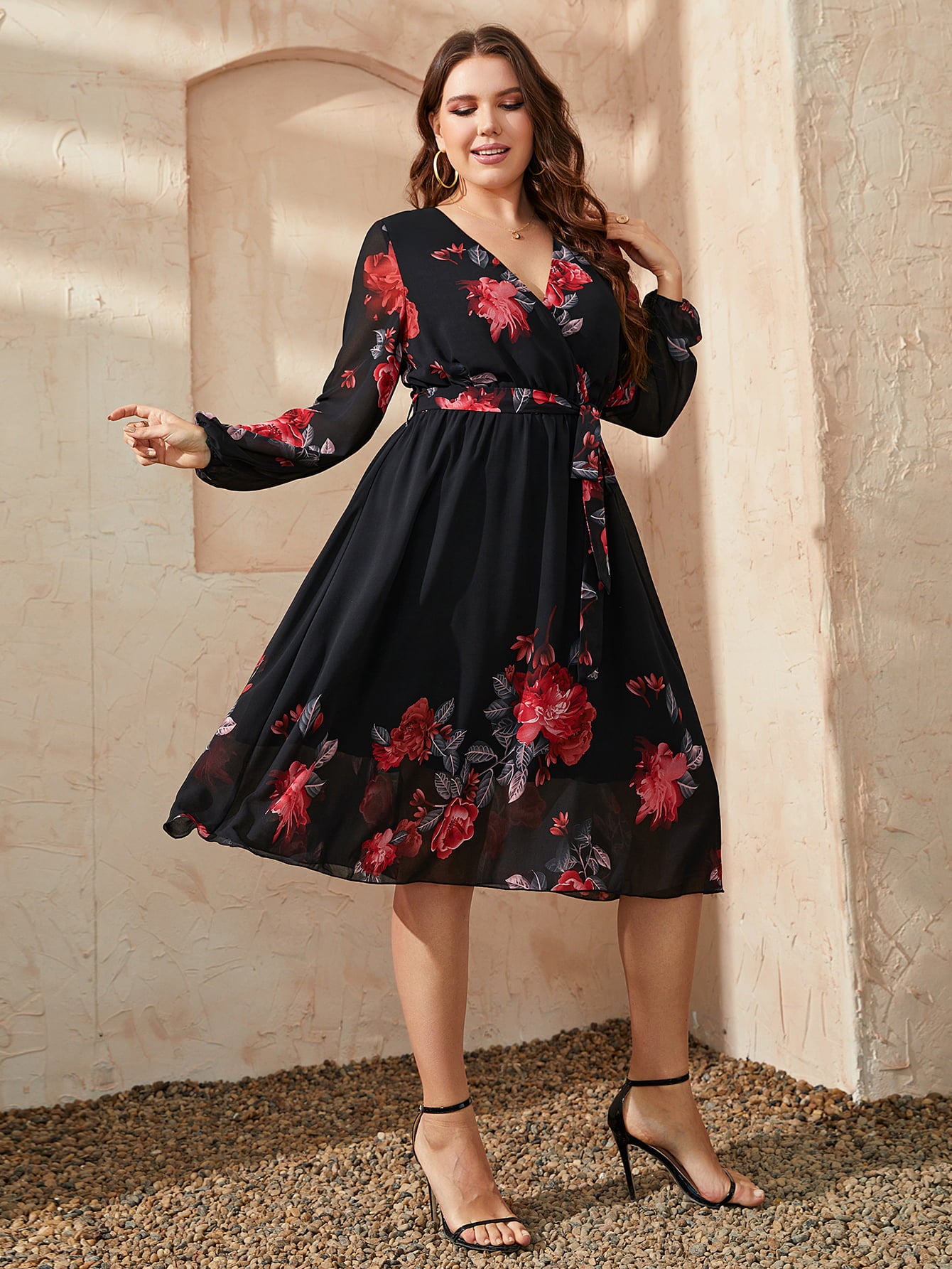 Honey Plus Size Floral Surplice Neck Tie Waist Dress - Little Miss Vanilla