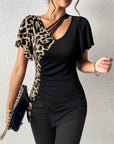 Ruched Leopard Flutter Sleeve T-Shirt - Little Miss Vanilla