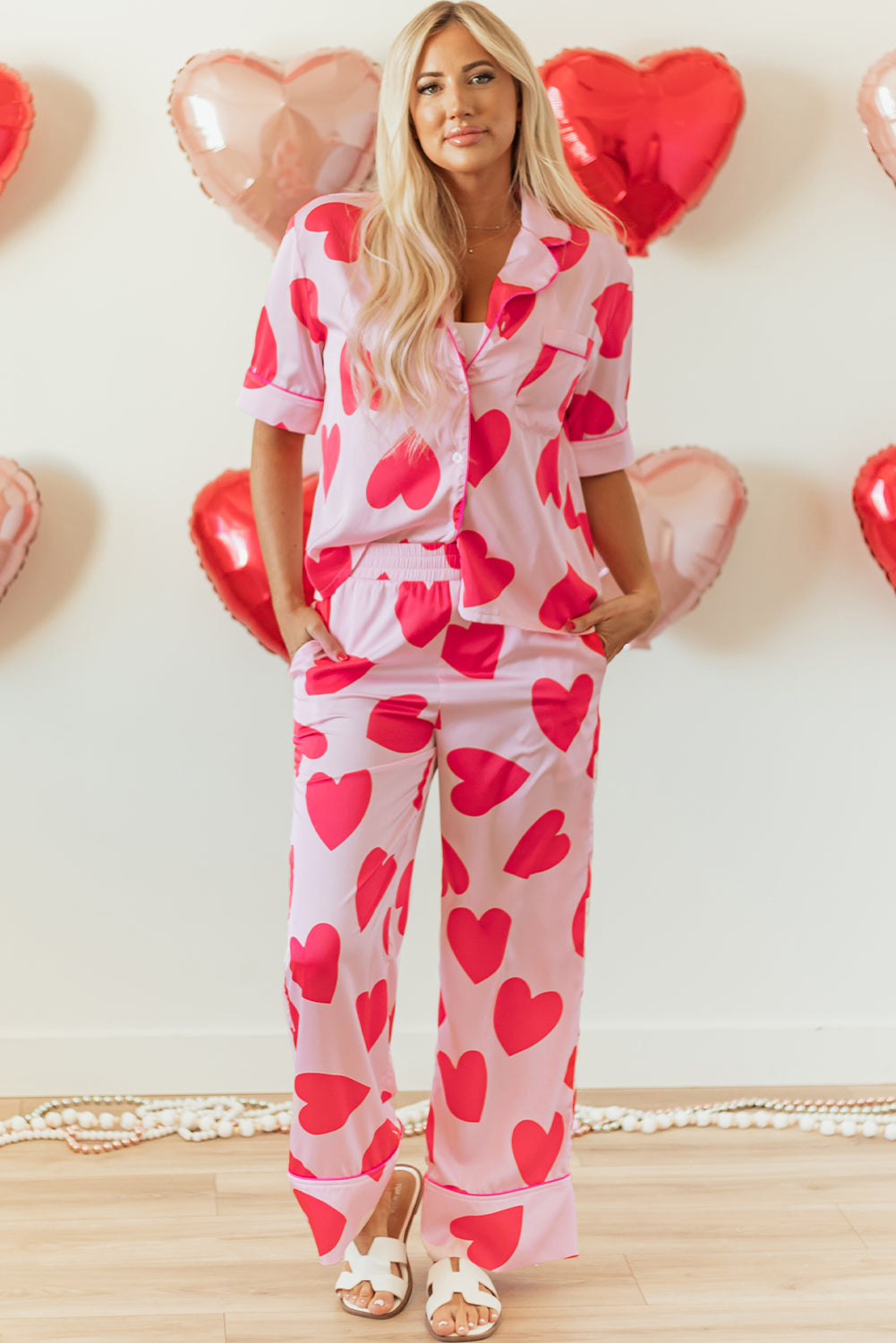 Pink Classic Heart Valentines Short Sleeve Pants Pajamas Set - Little Miss Vanilla