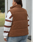 Coffee Corduroy Stand Neck Zipped Puffer Vest